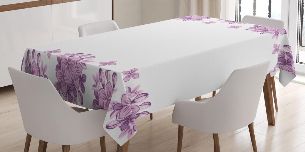 ABAKUHAUS Blumen Tischdecke, Grafische lila Blumen-Blüten auf weißer Hintergrund-Frühlings-Natur-Illustration, 140 x 240 cm, Flieder und Weiß