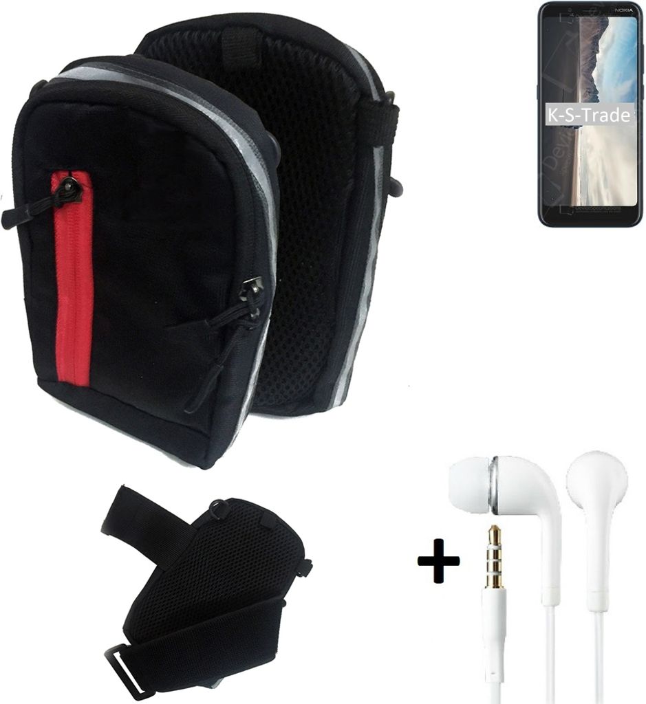 K-S-Trade Outdoor Gürteltasche Holster Umhängetasche + Kopfhörer kompatibel mit Nokia C2 Tennen schwarz Handy Tasche Case travelbag Schutzhülle