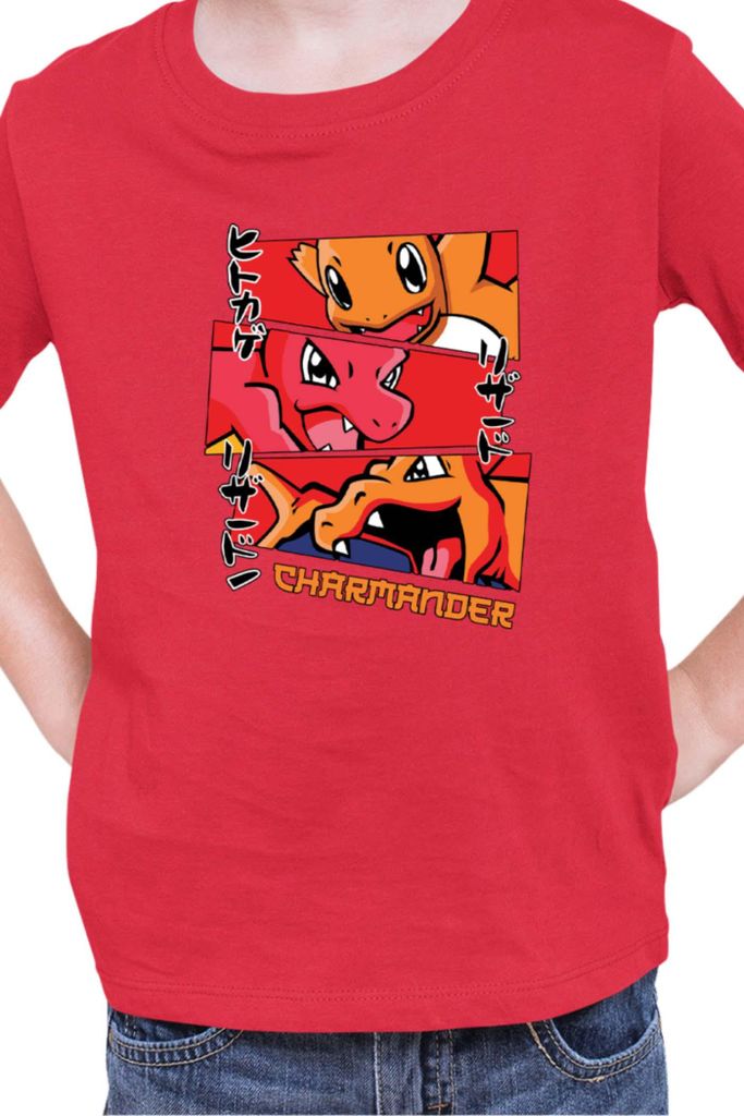 Kinder T-Shirt Japan Manga Anime Comics Animation Pokeball Charmander Evolutions, 12-13 Jahr - 152 / Rot