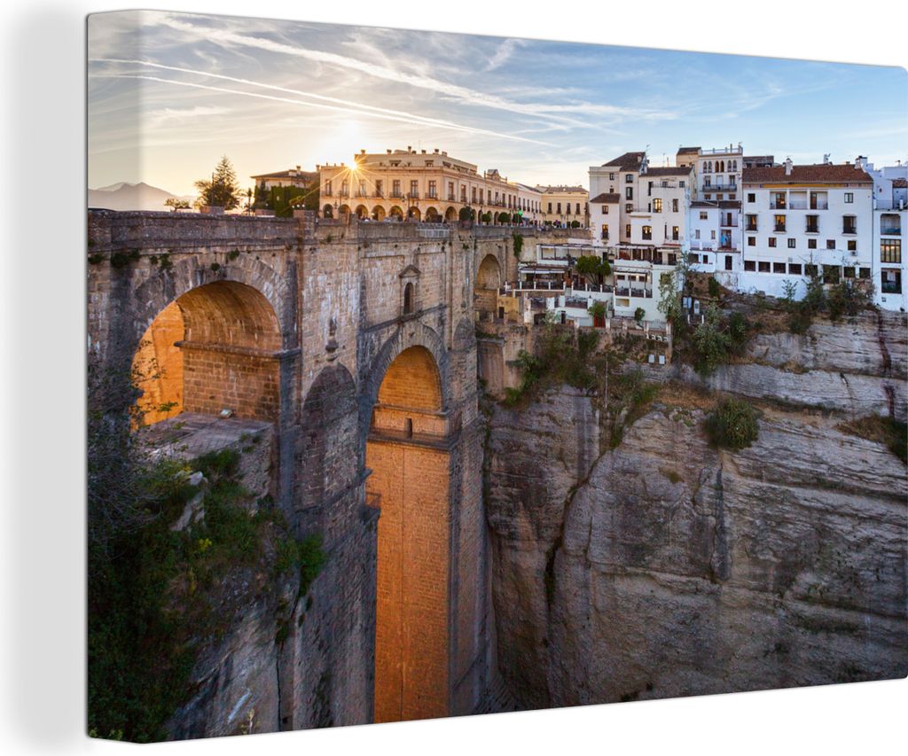 OneMillionCanvasses - Leinwandbilder - 140x90 cm, Die Bogenbrücke von Ronda Spanien, Wandbilder Kunstdruck Wanddekoration - Foto auf Leinwand - ...