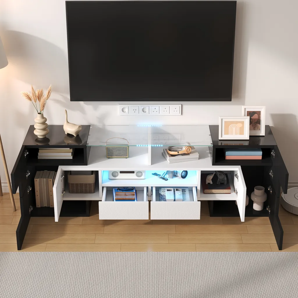 Meuble TV Salon Noir 145cm - Ambiance Cinéma LED et Grand Rangement