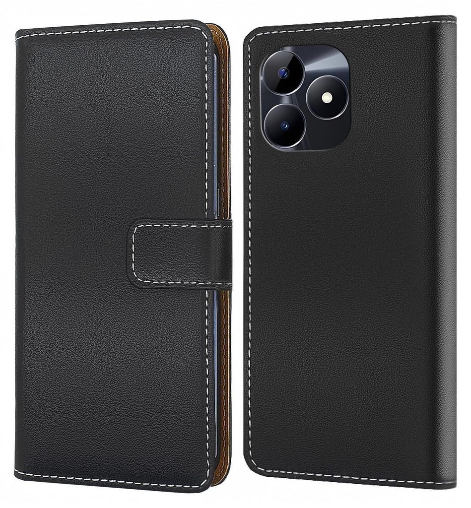 A black flip-style phone case is shown from two angles.