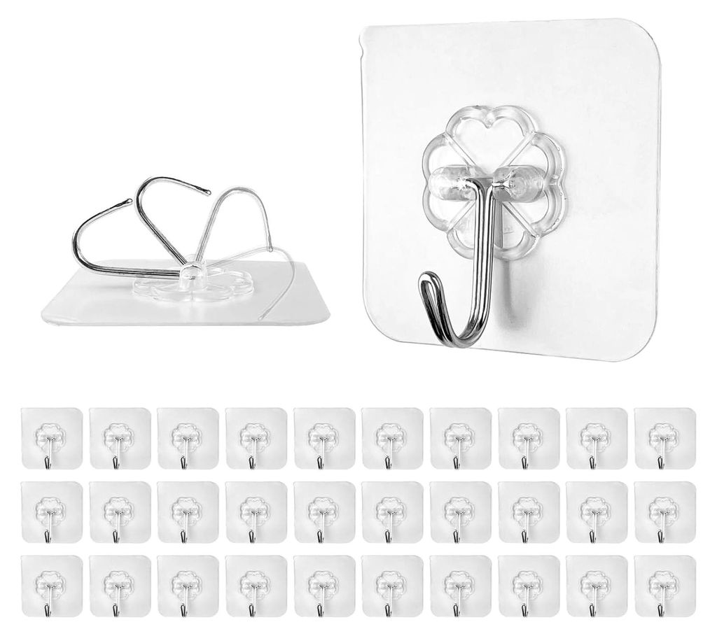 30 Stück Selbstklebende Haken aus Edelstahl, Transparente Klebehaken ohne Bohren, Wasserdichte Wandhaken für Küche, Badezimmer, Türwand, Wohnmobil