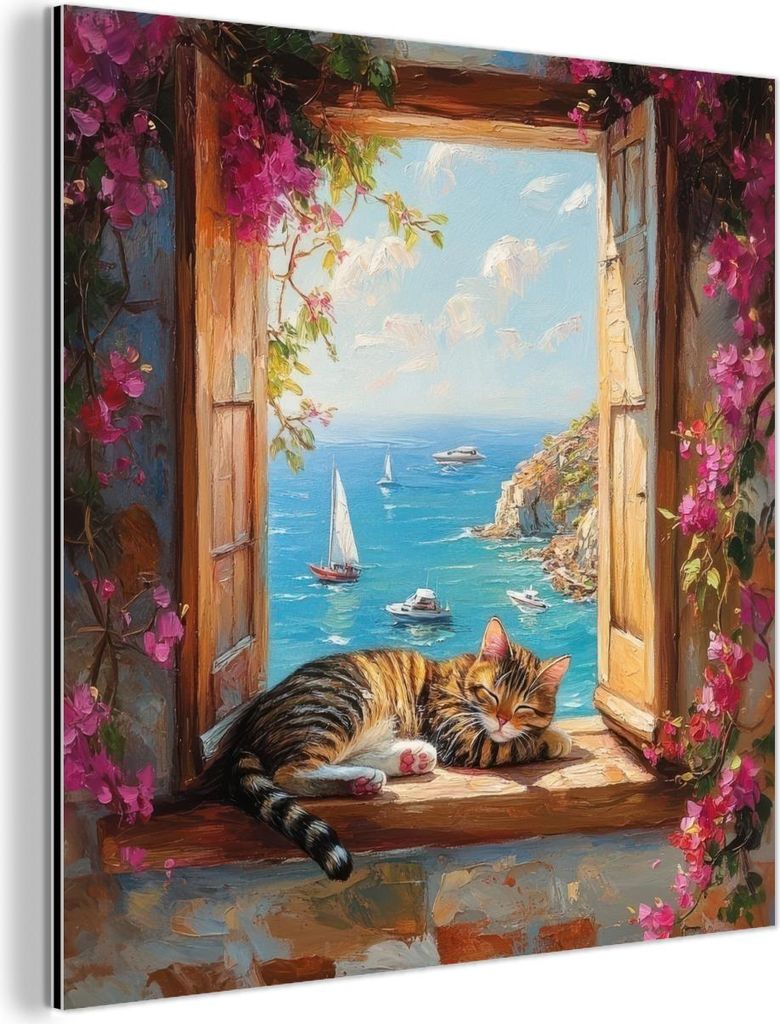 MuchoWow Wanddekoration Metall Metallbild Wandkunst 90x90 cm Katze - Blaues Meer - Rosa Blumen MuchoWow Aluminium Gemälde - Dekoration - Industria...