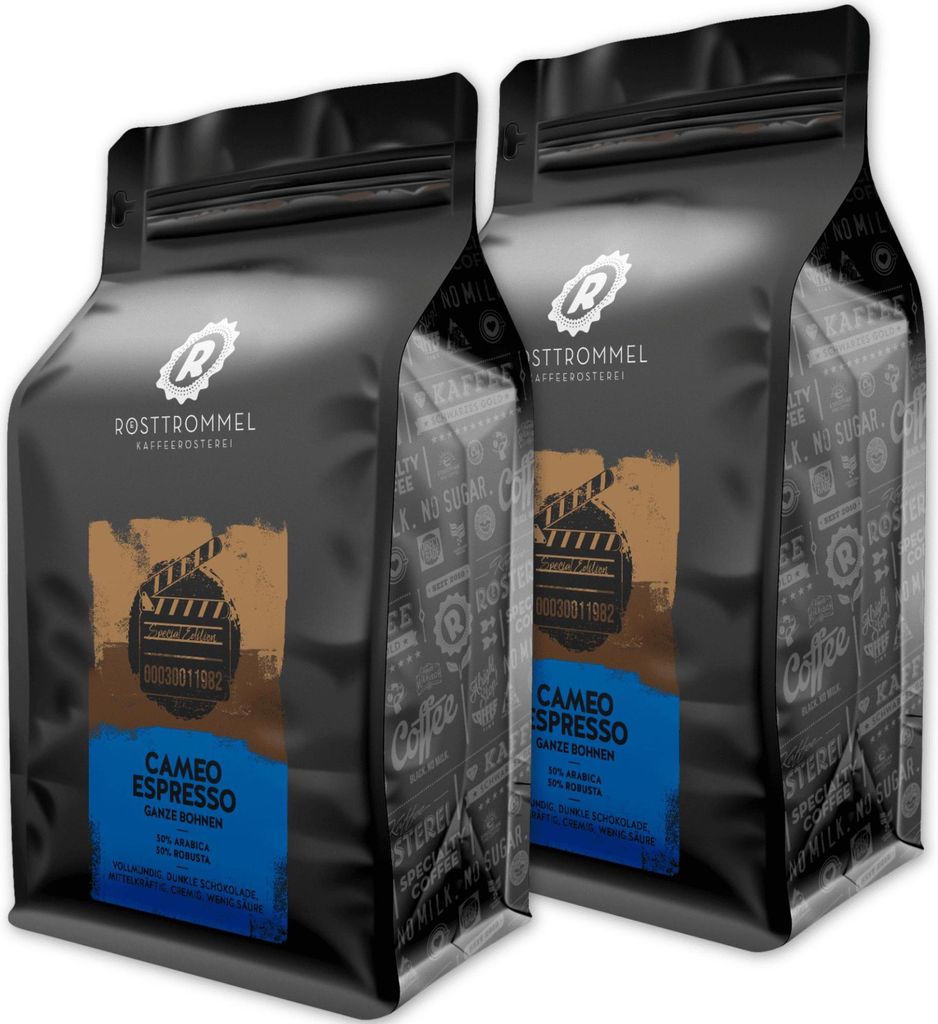 RÖSTTROMMEL Cameo, ESPRESSO, Ganze Kaffee-Bohnen 2x1kg, 50% Arabica, 50% Canephora, Röstung 8/10, 50% Brasilien, 50% Indien, Geschmack: Italienis...