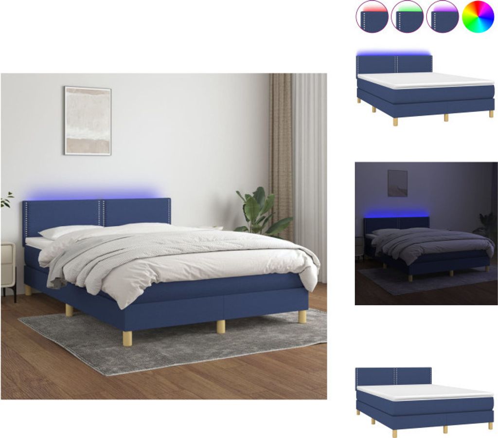 vidaXL Boxspringbett mit Matratze & LED Blau 140x190 cm Stoff - Betten & Bettgestelle