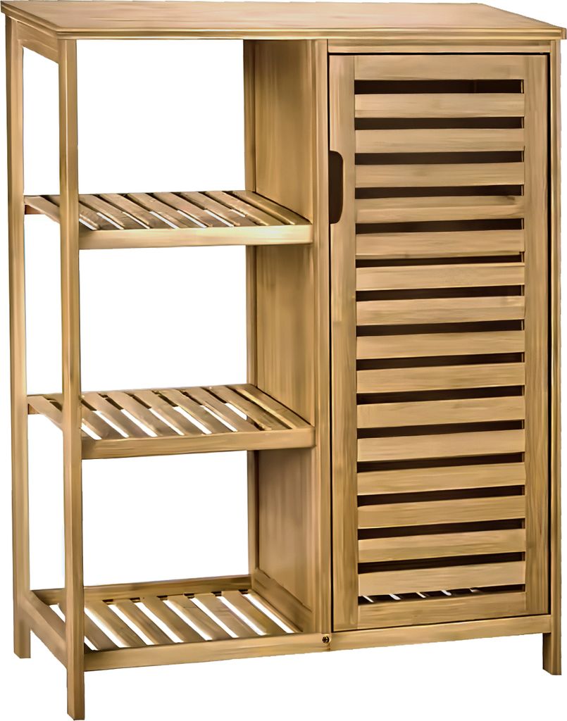 A wooden cabinet with shelves and a slatted door.