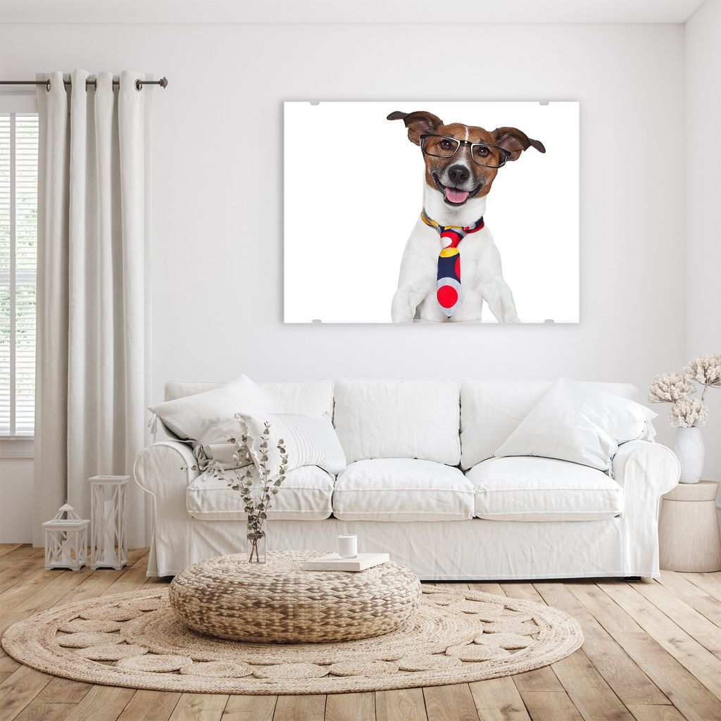 Glasbild Wandbild Hund mit Krawatte 100x75cm in XXL für Wohnzimmer, Schlafzimmer, Badezimmer, Flur