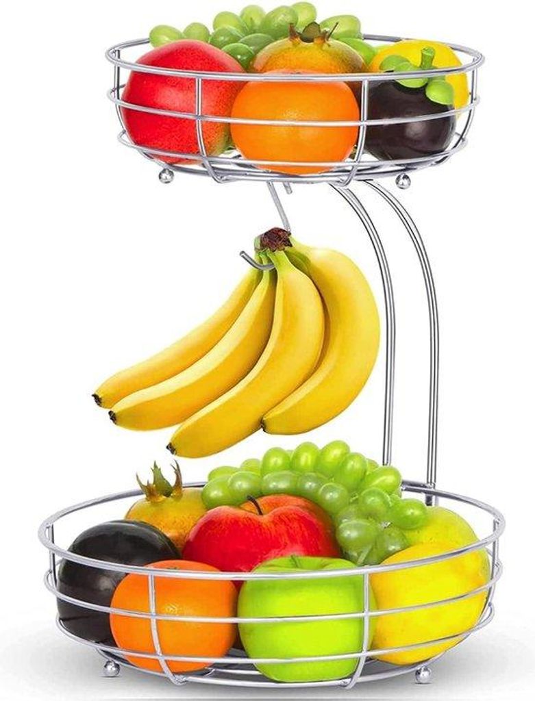 Zwei-Ebenen-Fruchtschale mit Bananenhalter - tägliche Küchenschale - moderne Fruchtschale - praktische Fruchtschale - metallene Gemüseschale - s...