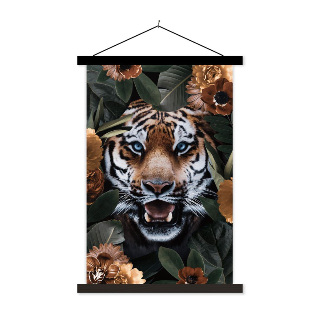MuchoWow Textilposter Tiger - Brüllen - Blume 60x90 cm mit schwarzem Rahmen - Poster Wohnzimmer
