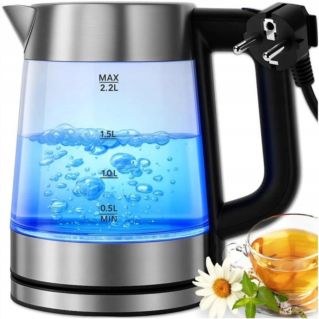 Wasserkocher 2,2L 2000W Kabellos Glas Edelstahl 360 Grad Produktbild 