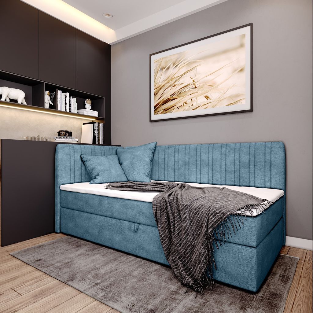 Boxspringbett BLANCA mit Topper und Bettkasten Einzelbett mit zwei Dekokissen Jugendbett (90x200 cm links, Blau)