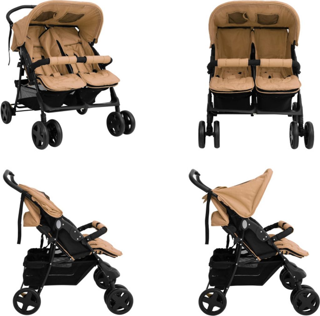 vidaXL Zwillingskinderwagen Taupe Stahl - Kinderwagen - Kinderbuggy - Kinderbuggys - Buggy