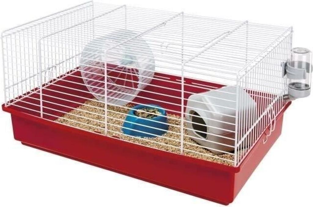 Hamsterkäfig 46 x 29 x 23 cm, mit Rad, Futtertrog, Häuschen, Tränke, Eisen, Rot