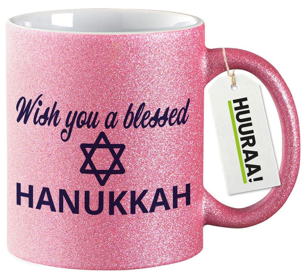 Huuraa Glitzertasse Wish blessed Hanukka Schriftzug 330ml Pink Keramik Kaffeebecher Geschenkidee