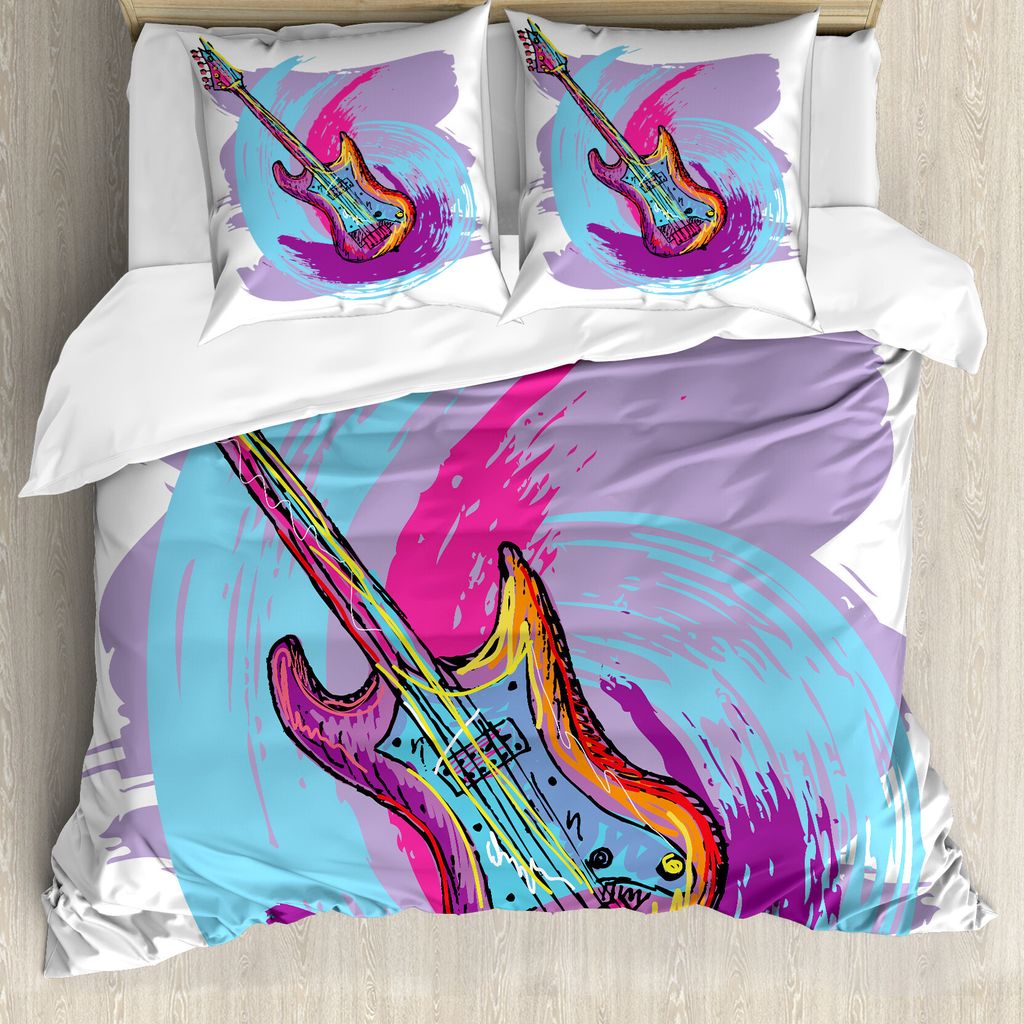 ABAKUHAUS Musik Bettbezugs Set Für Doppelbetten, Festliches Gitarreninstrument, Milbensicher Allergiker geeignet mit Kissenbezügen, Lila Aqua Mag...