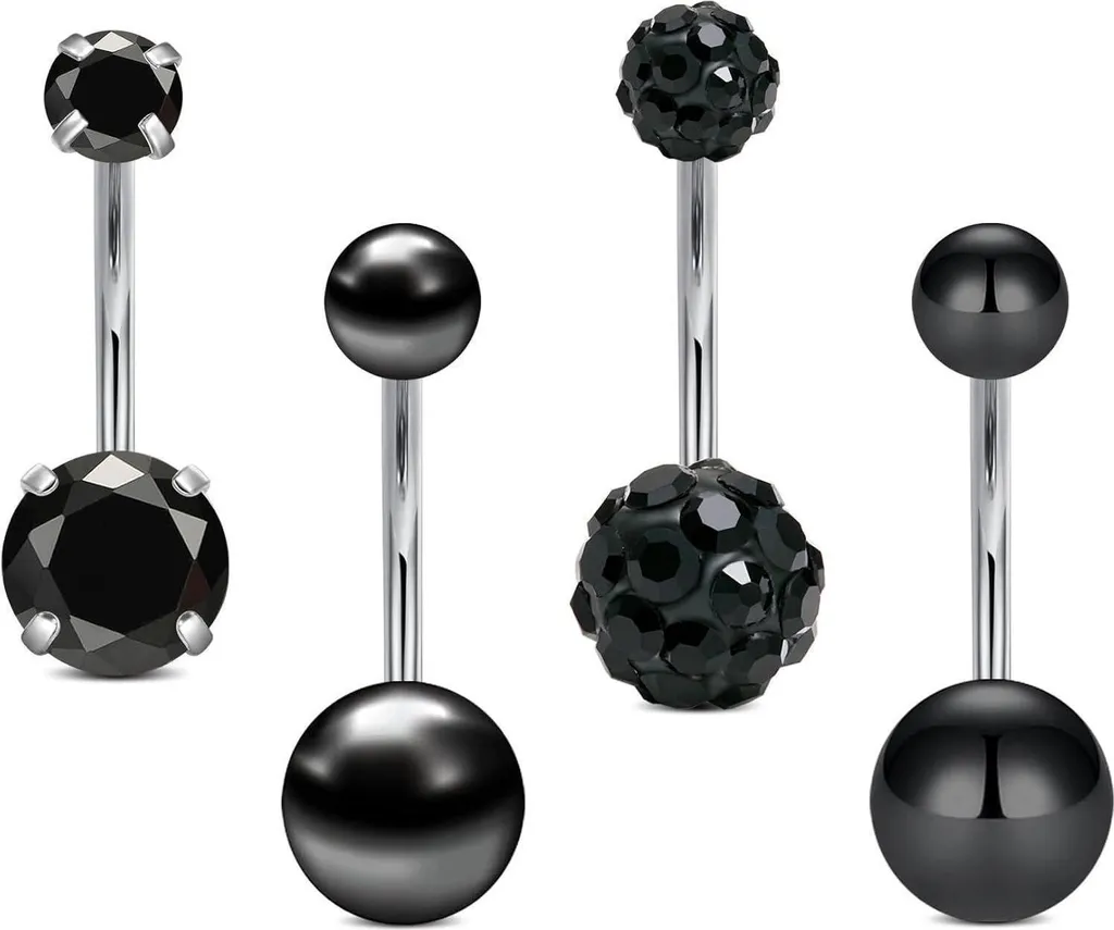 Piercing ombelico nero in acciaio inox 14g 12mm barre design diamante