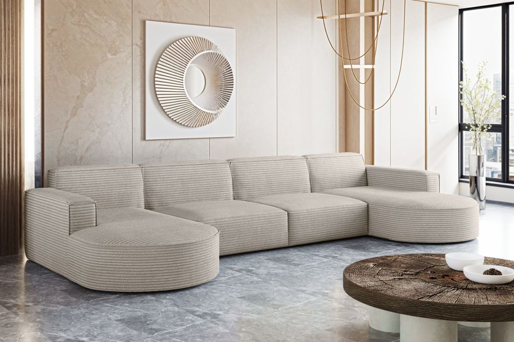 Kaiser Möbel Ecksofa Designer MODENA U XL stoff Dicker cord Poso Beige