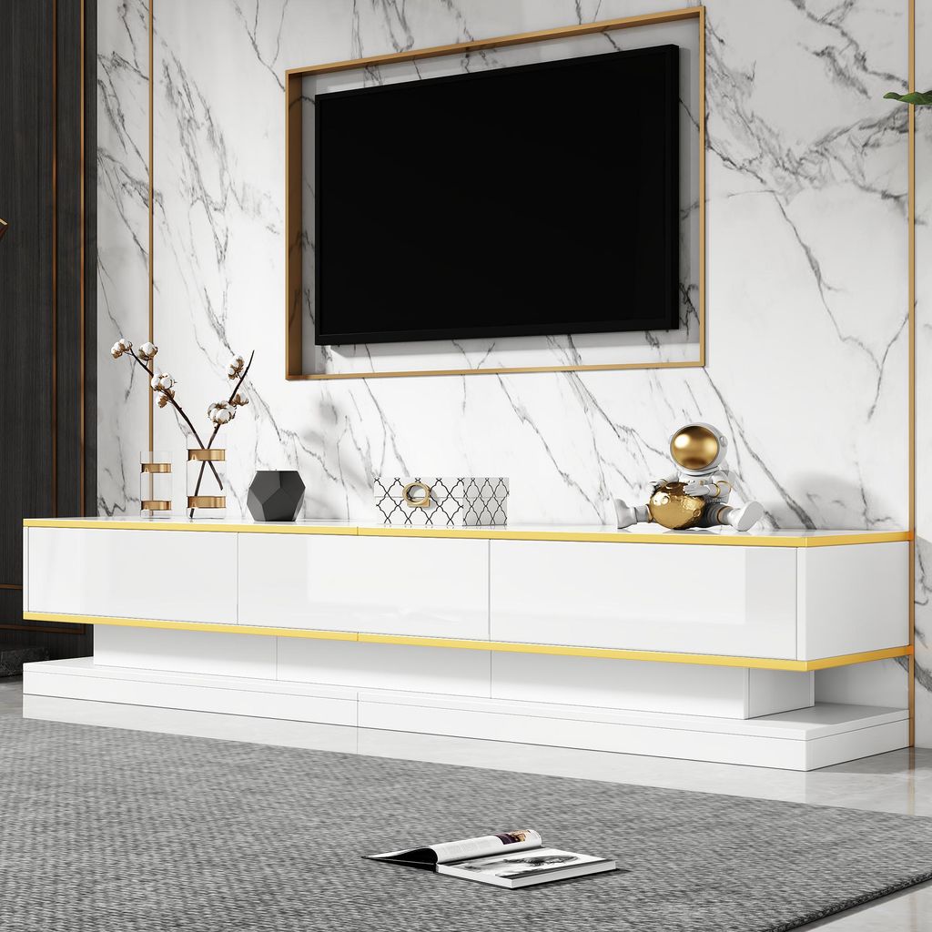200*40*40cm Fernsehschrank, Lowboard mit 3 Schubladen, Hochglanz-TV-Ständer,Wohnzimmerschrank mit großem Stauraum, Warmweißer TV-Tisch mit gold...