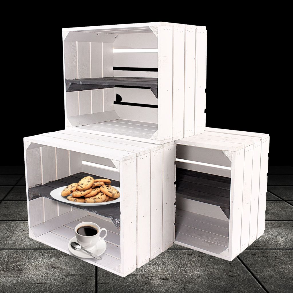3er Set neue weisse Holzkiste mit Regalboden in schwarz 50cm x 40cm x 30cm Regal Wandregal Obstkisten/Weinkisten Kiste Holzregal Apfelkiste weiß