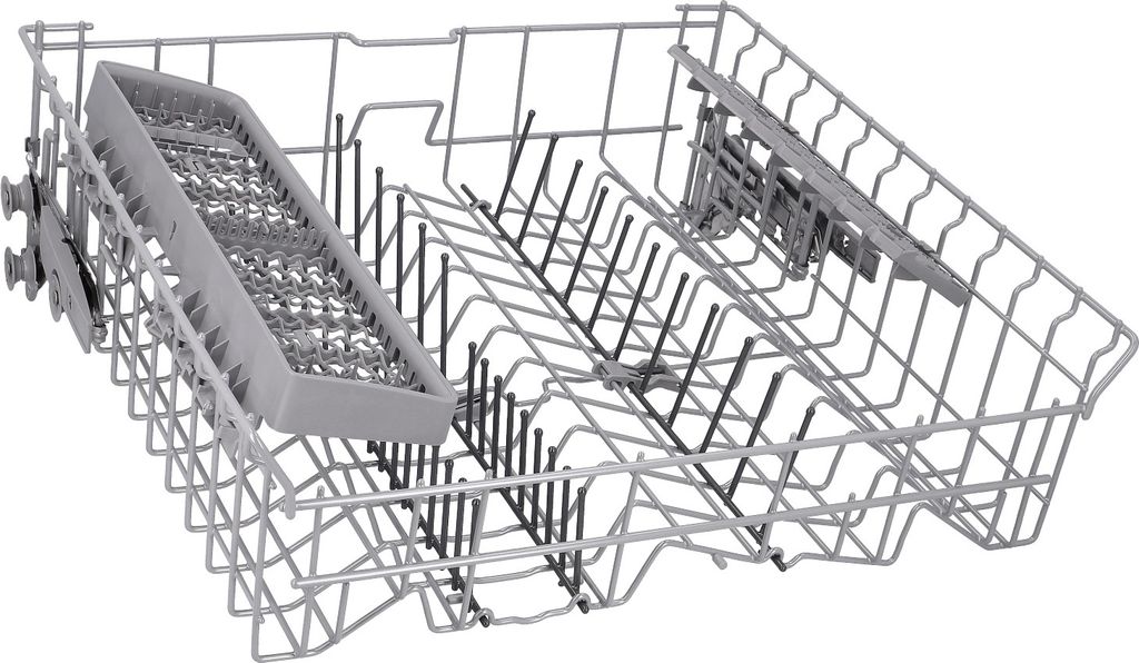 A dishwasher basket is shown from a diagonal angle.