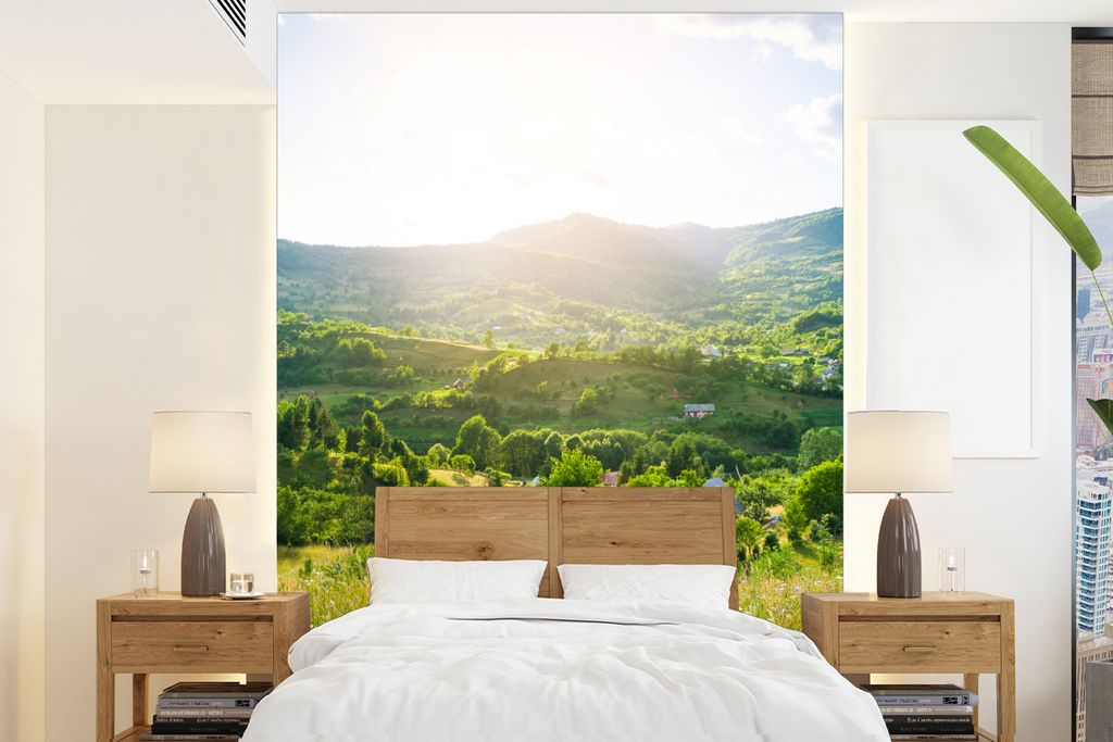 MuchoWow Fototapete für Wohnzimmer oder Schlafzimmer Wandtapete Vinyl Motivtapete Wald - Landschaft - Sonne - Natur - Sonnenaufgang - 195x260 cm...