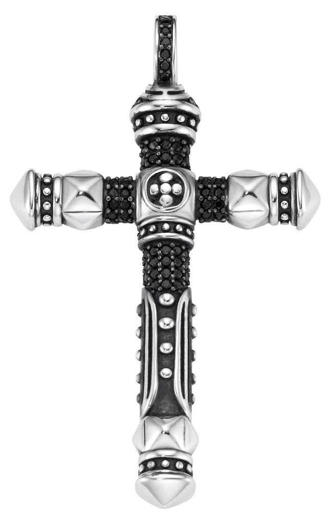 Anhänger Giorgio Martello Milano Kreuz mit schwarzen Spinellen, Silber 925 Silber 6 cm