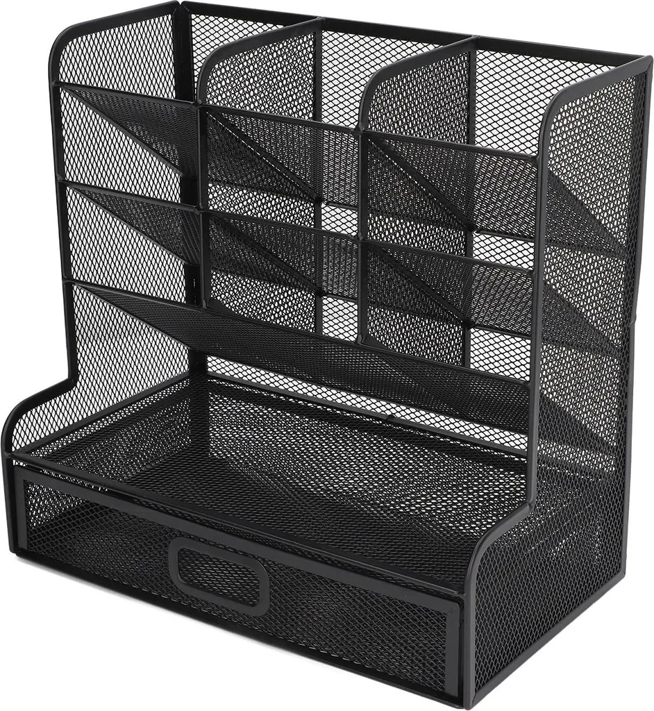 Rangement stylos pour bureau d'étudiant avec 9 compartiments et tiroir noir