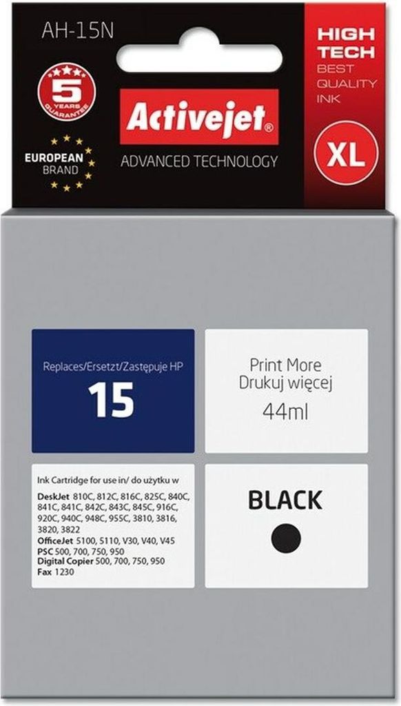 Activejet AH-15N Tintenpatrone (Ersatz für HP 15 C6615A; Höchste; 44 ml; schwarz), Hohe (XL-) Ausbeute, Schwarz, Tinte auf Pigmentbasis, 44 ml, 1...