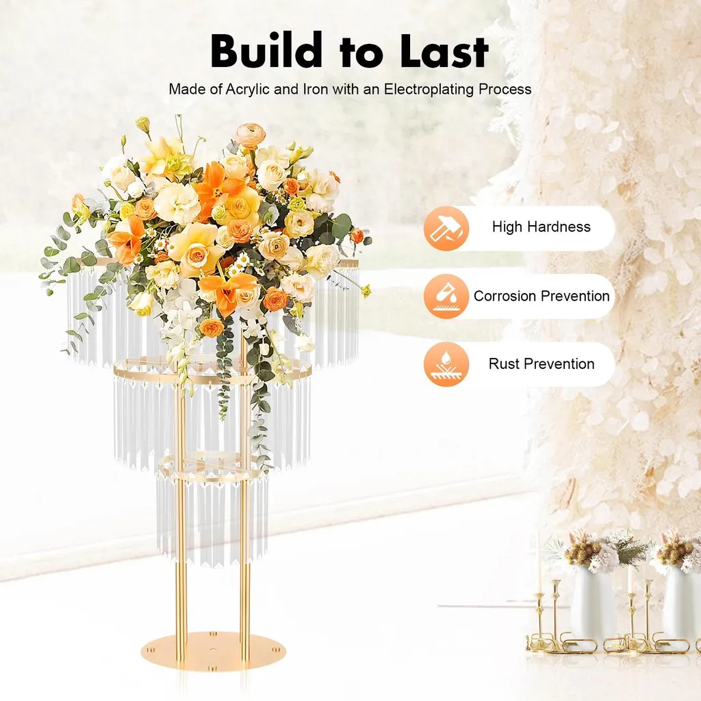 Décoration mariage : Support fleurs doré 3 étages en cristal 90cm