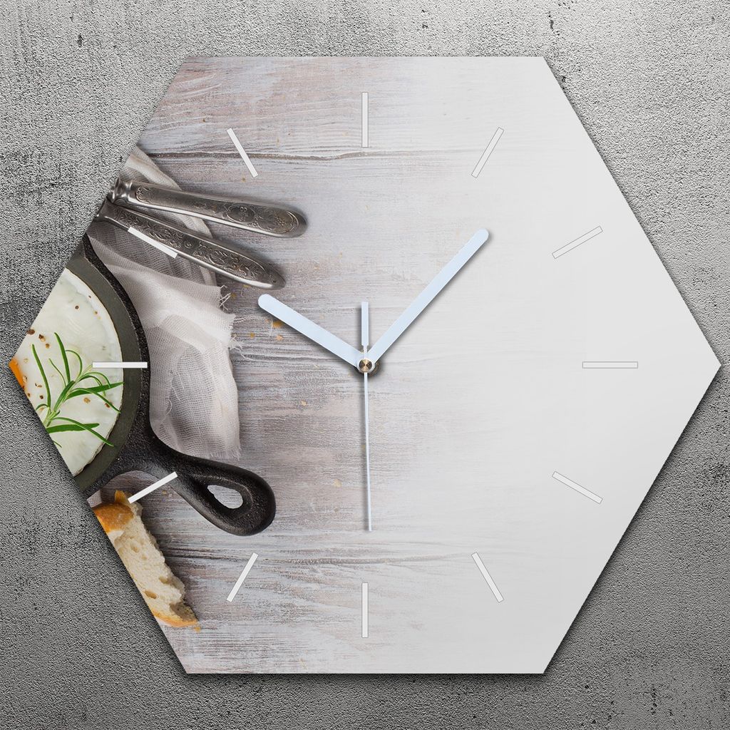 Uhr hexagonal 40 cm Glas Geräuschlos weiße Zeiger - Spiegelei knuspriges Baguette