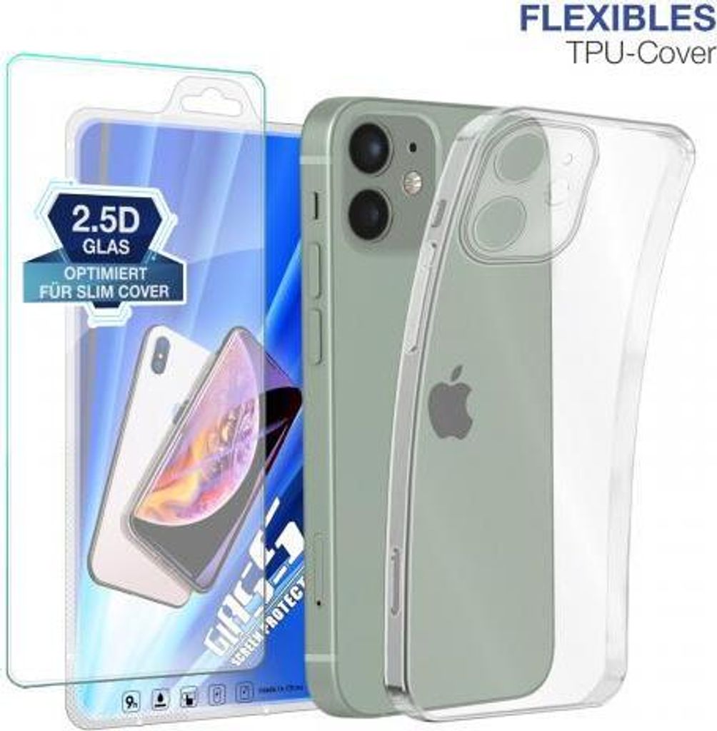 Slim Cover für Apple iPhone 12 mini mit 9H Displayglas Displayschutz Hülle Transparent Flexibel Elastisch Backcover Schutzhülle Handyhülle