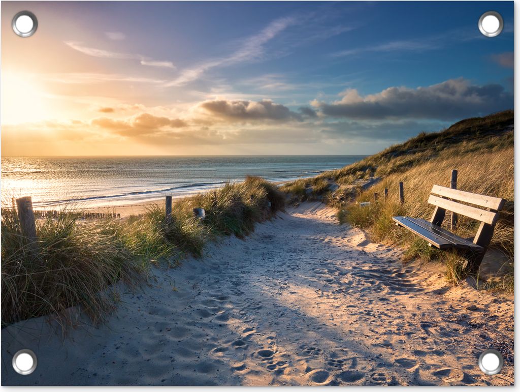 MuchoWow 40x30 cm Outdoor-Poster Gartendeko Sichtschutz Garten Poster für den Garten Sonnenuntergang - Strand - Düne - Gras - Bank