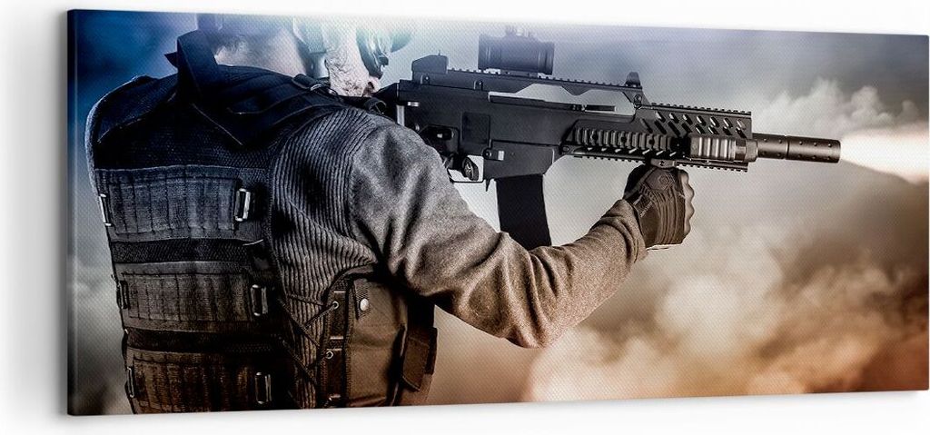 Bild auf Leinwand - Leinwandbild - Armee Soldat Shooter kugelsichere Weste - 120x50cm - Wand Bild - Wanddeko - Leinwanddruck - Bilder - Kunstdruck ...