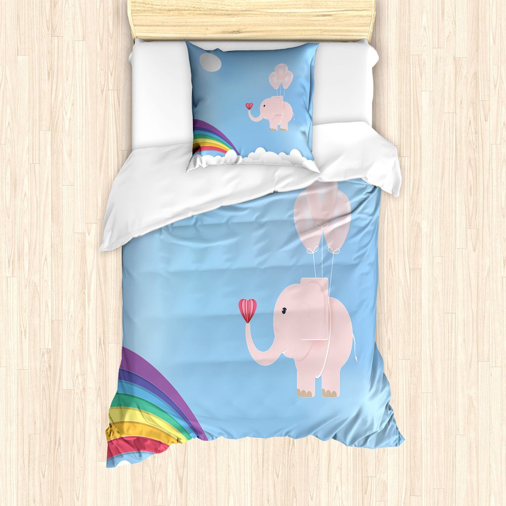 ABAKUHAUS Blau und Pink Bettbezug Set für Einzelbetten, Elefant Regenbogen-Himmel, Milbensicher Allergiker geeignet mit Kissenbezug, 135 cm x 200 ...