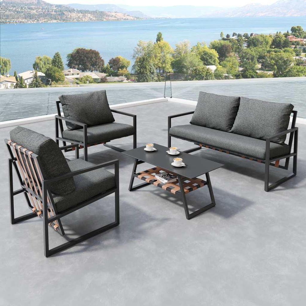 4-teilige Gartenlounge Sitzgruppe für 4 Personen mit Sofa, Tisch & Kissen – abnehmbarer, waschbarer Bezug, Farbe: Schwarz