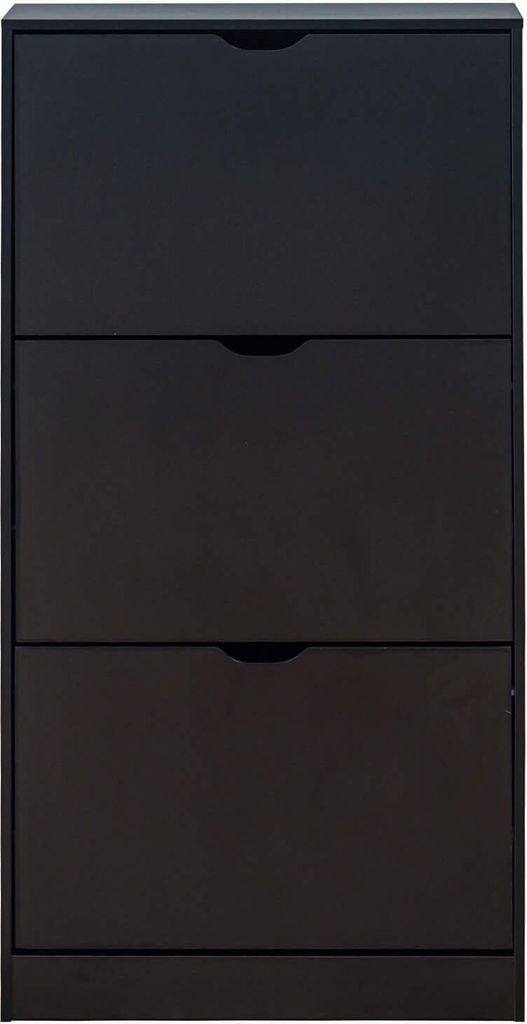 A front view of a black shoe cabinet with three drawers.