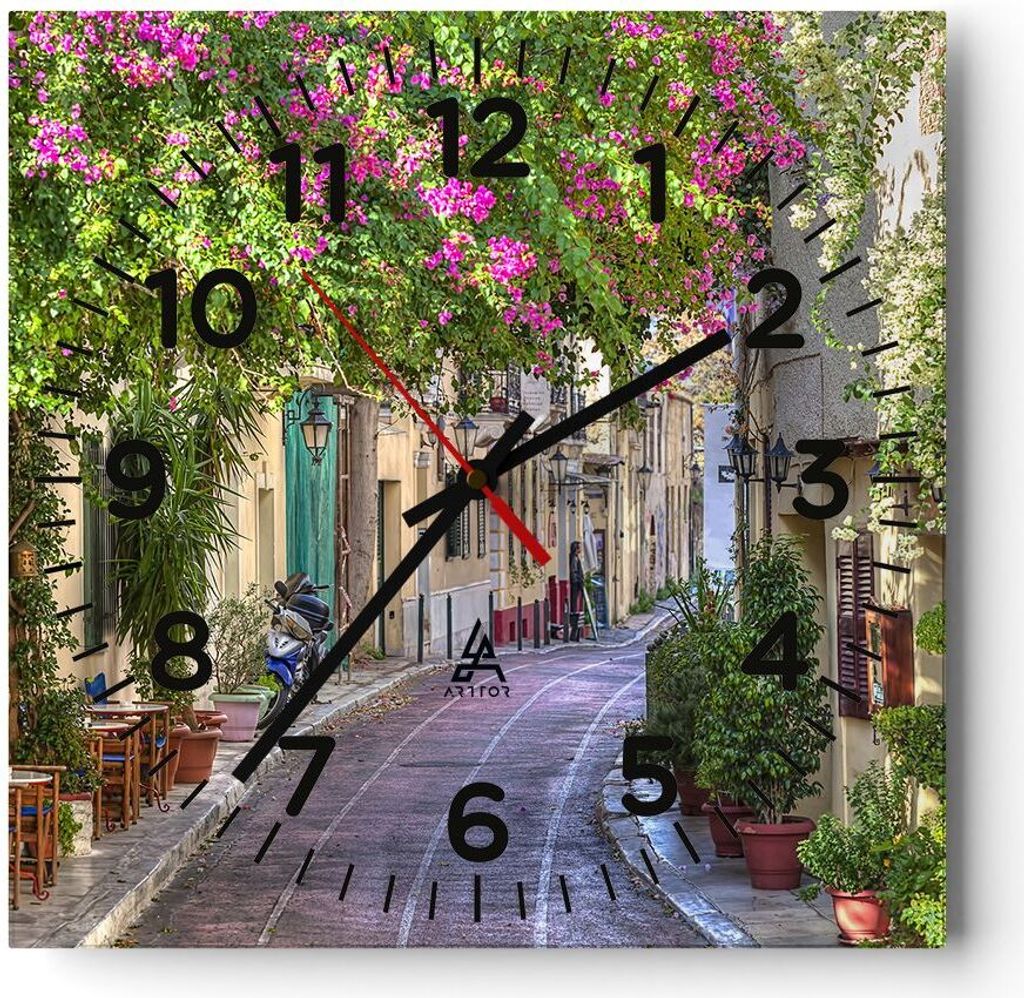 Wanduhr - Quadrat - Glasuhr - Straße dekoration blumen griechenland - 30x30cm - Schleichendes Uhrwerk - Lautlos - zum Aufhängen bereit - Dekorati...