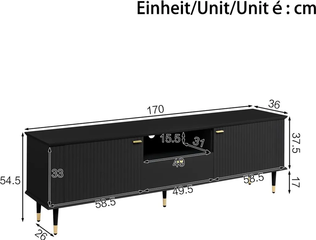 Meuble TV Noir Laqué 170x36cm avec Tiroirs Silencieux et Design Relief - 4