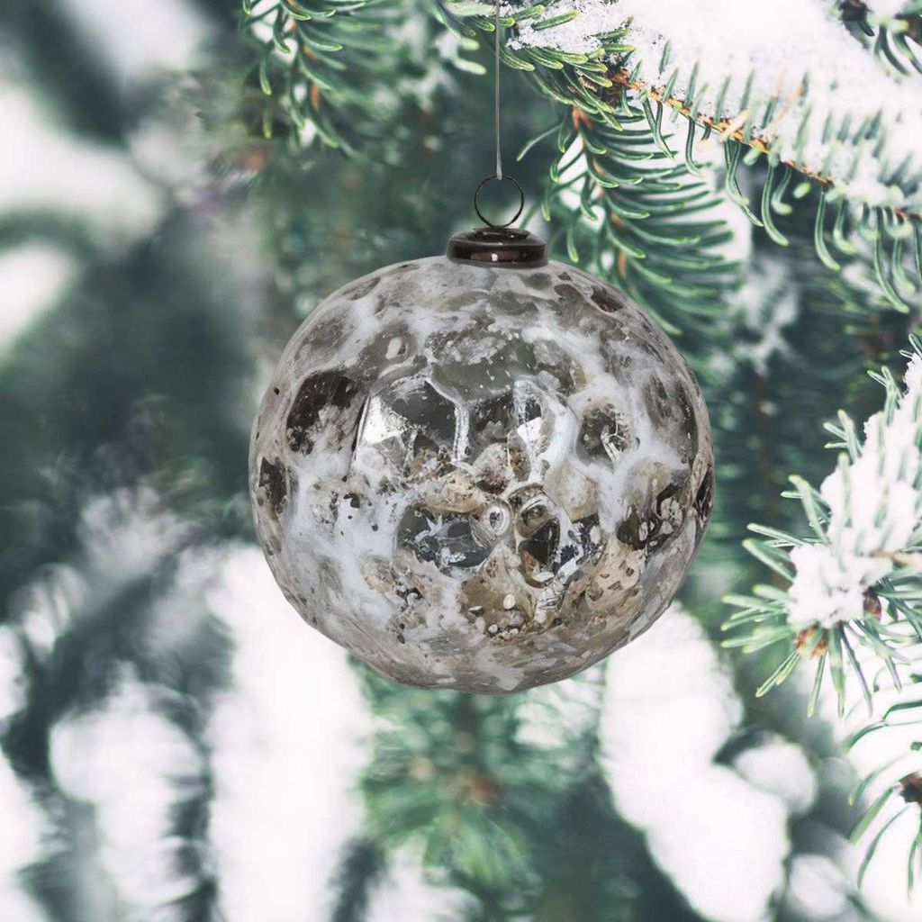 Premium Weihnachtskugel Glas, silbern patiniert - handgemacht in Indien, 16 cm