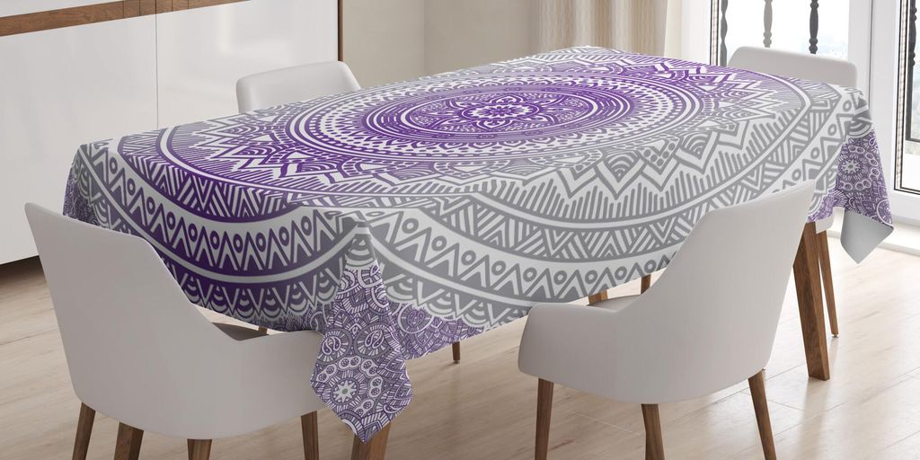 ABAKUHAUS Grau und Lila Tischdecke, Östliches traditionelles des Kosmos-Muster-Zen Boho Ombre Mandala Design Print, 140 x 170 cm, Weiß Lila