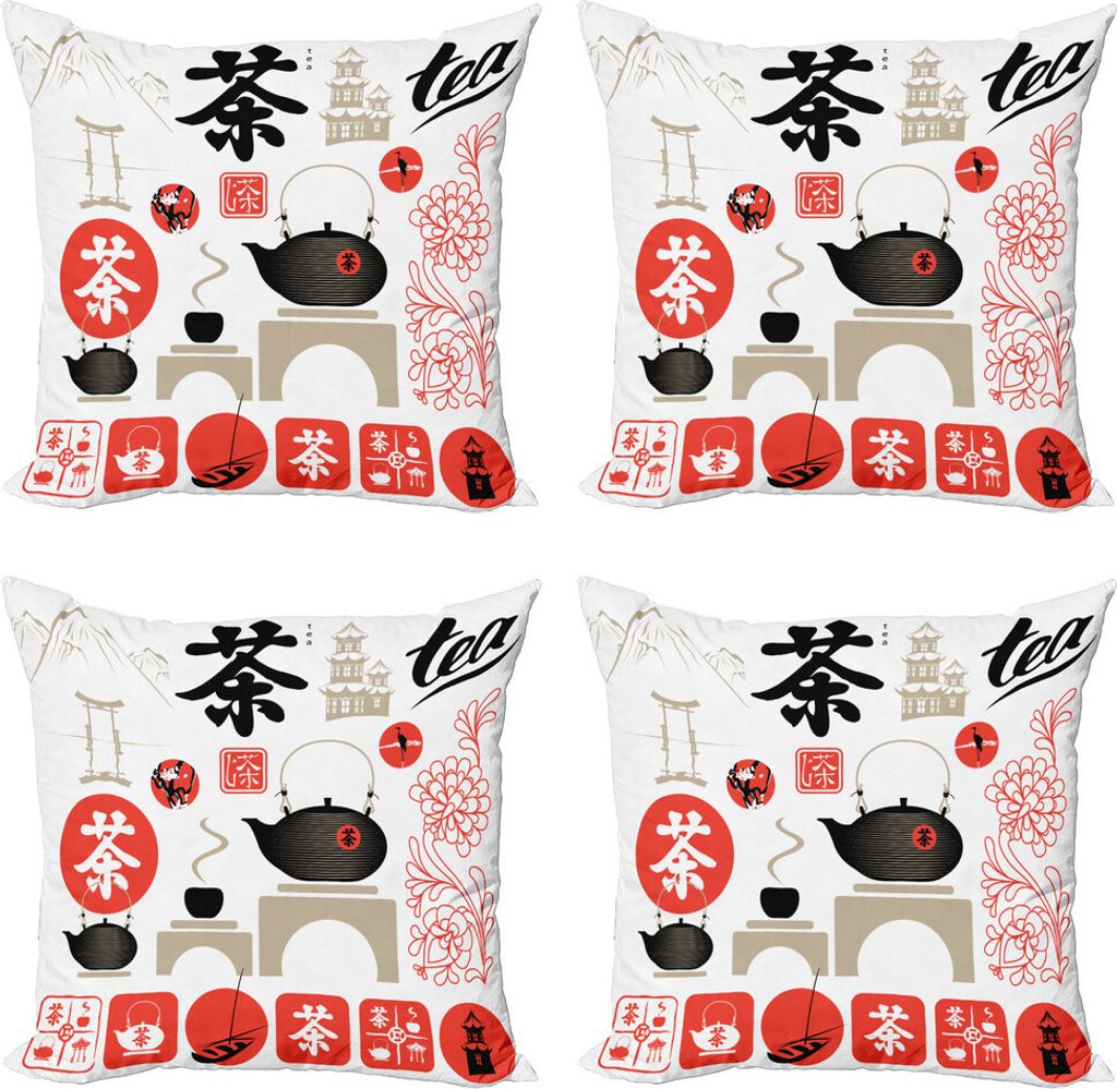 ABAKUHAUS Tee-Party Kissenbezug Set (4 Stück), Japanische Tee-Kultur, Moderner Doppelseitiger Digitaldruck, 50 cm x 50 cm, Vermilion Schwarz Beige