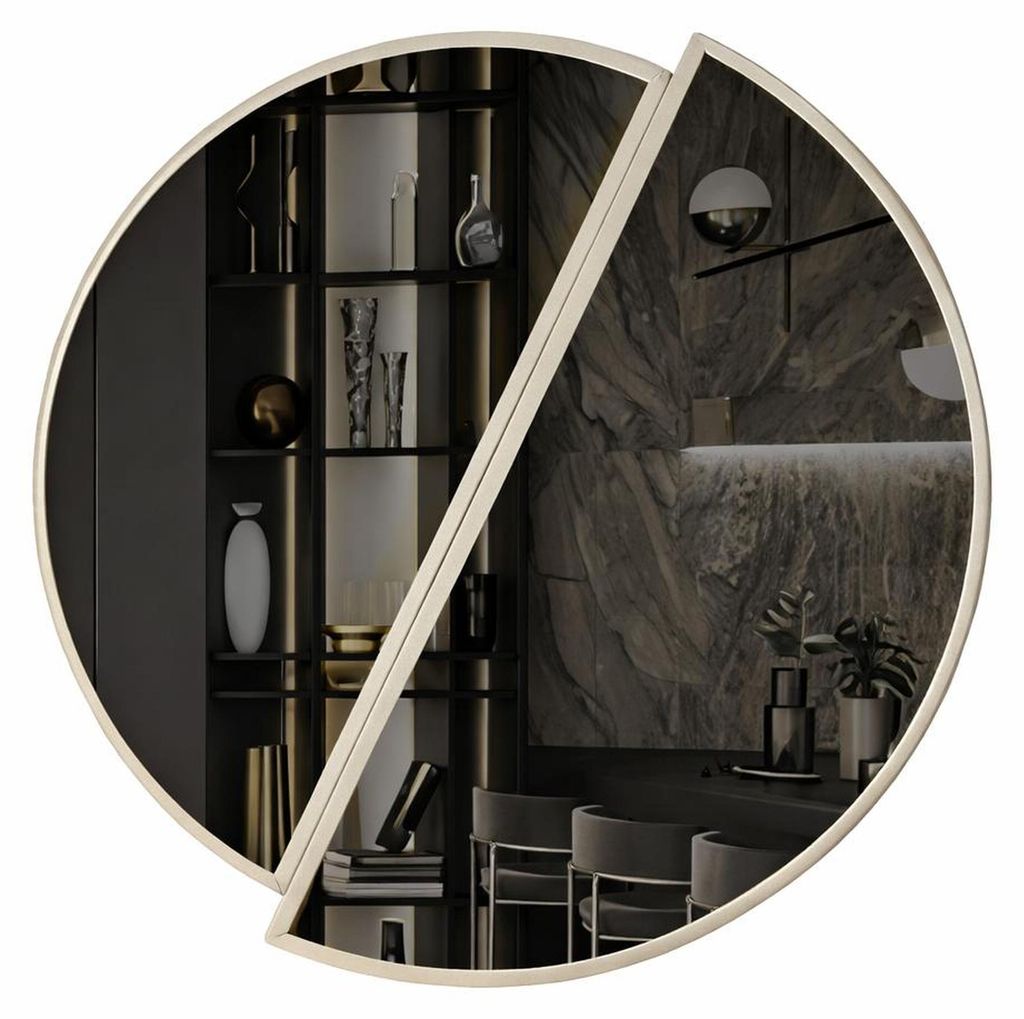 Elegantes Set aus ovalem Kommodenmöbel und geteilter Spiegelwand