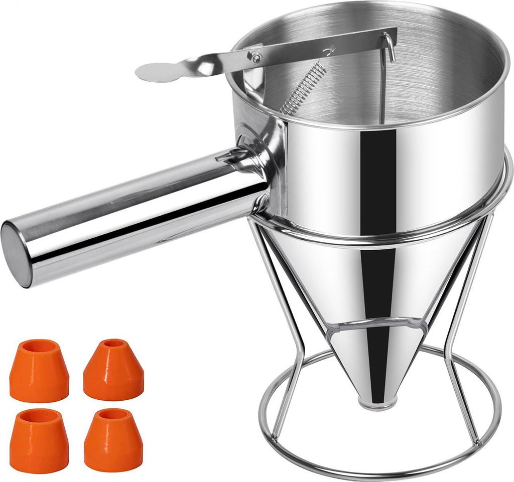 Teigportionierer, Pfannkuchen Teigdispenser 1200ml aus Edelstahl,Trichter mit Ständer,4 Silikondüsen, Präzisions-Dosierer