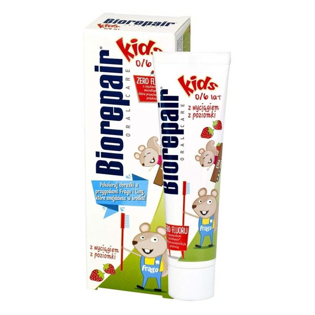 A box and tube of Biorepair Oral Care Kids toothpaste with cartoon mice and strawberries.