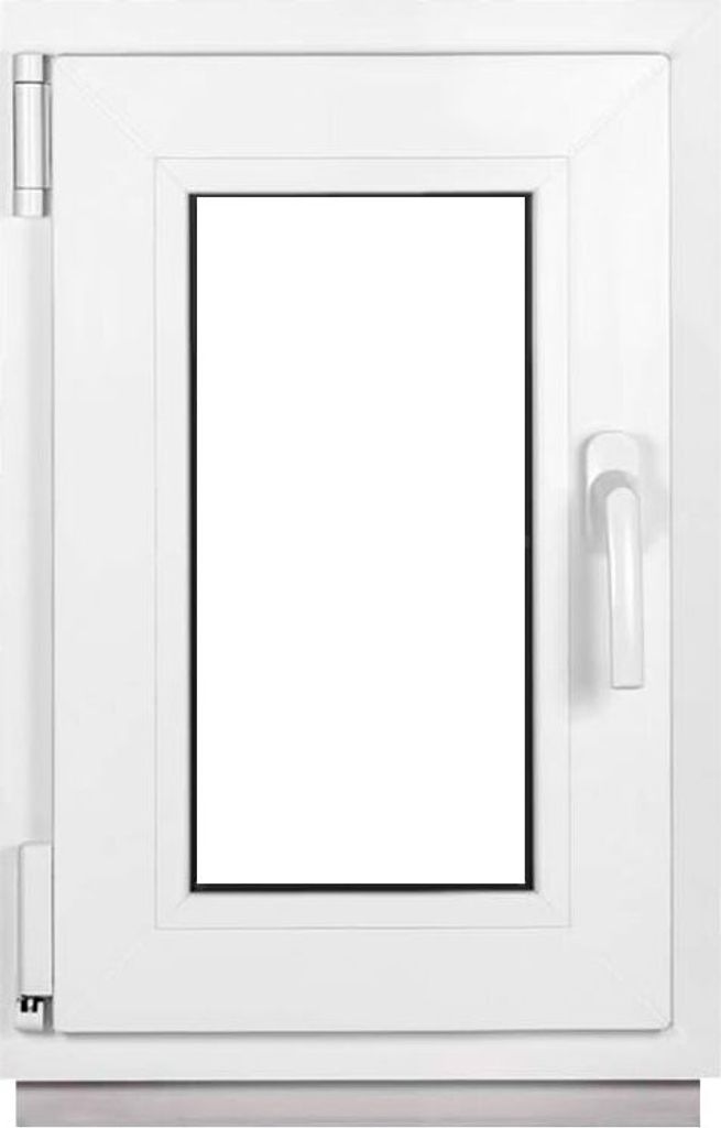 A white PVC window with a glass pane and a silver handle.