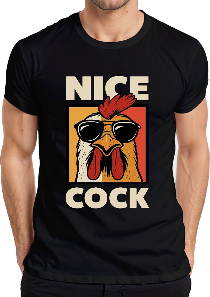 Nice Cock witziger Hahn Sonnenbrille Retro Bauernhof Geschenk Herren T-Shirt, Schwarz, L