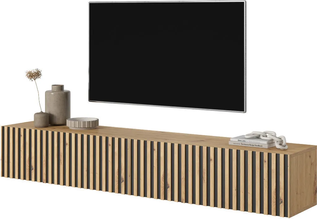 Selsey Telire Meuble TV 175 cm Chêne Wotan avec Façade à Lamelles Noires