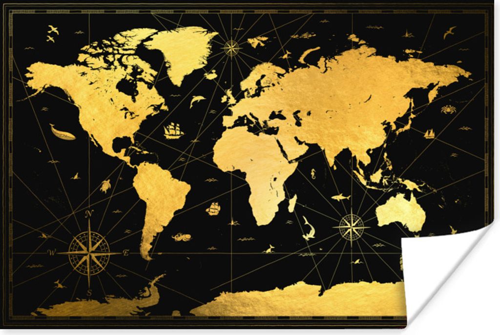 MuchoWow Poster Weltkarte - Gold - Schwarz - Luxus 90x60 cm - Schlafzimmer