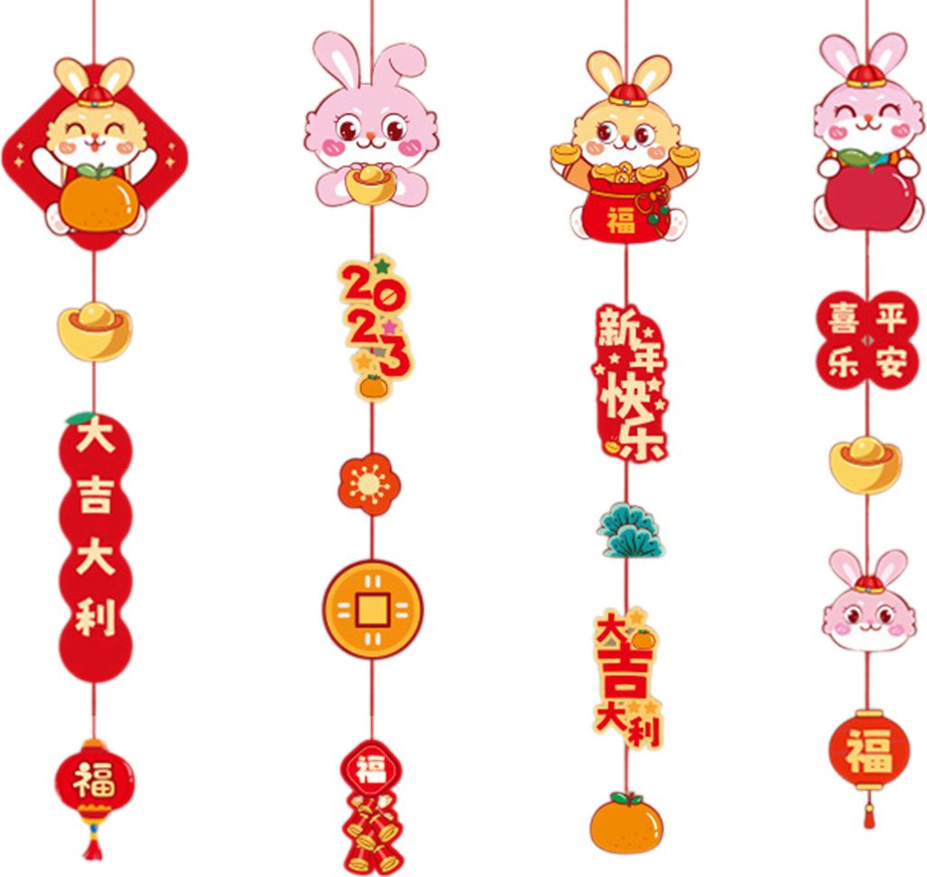 4PCS Neujahr Anhänger traditionelle Cartoon Muster Papierkunst 2023 Kaninchen Chinesisches Frühling Festival Hängende Ornamente für Schlafsaal-A